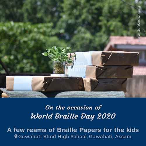 Four reams of Braille Papers with a flower pot on top of it.